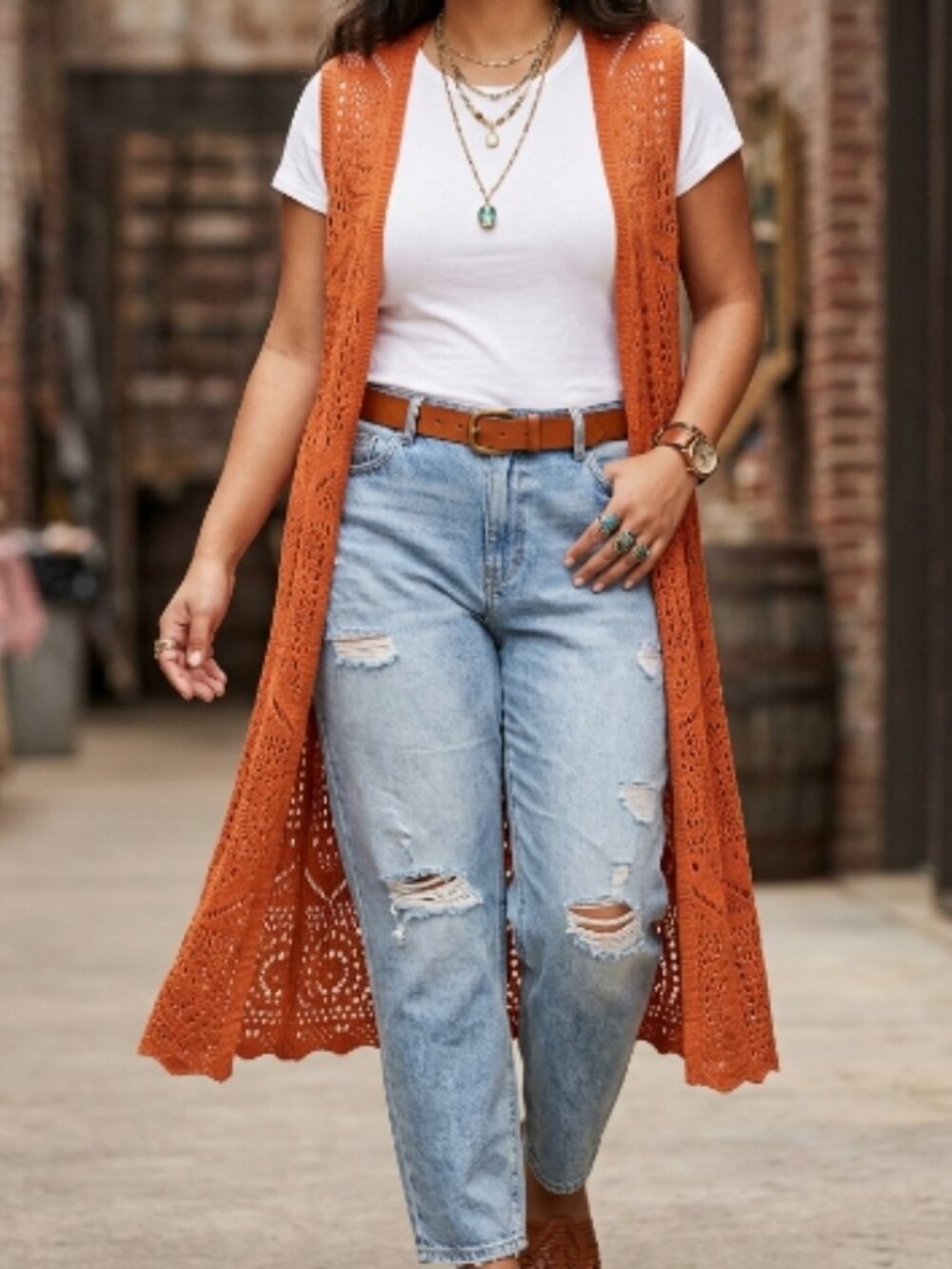 Chelsea & Theodore Open-Front Knit Sleeveless Cardigan L Boho Festival Layer